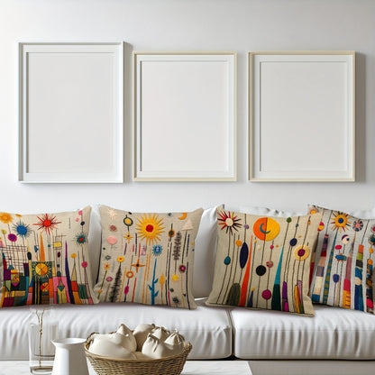 2D printing, 4pcs, abstract pillow set, with beige as the base, presenting elements such as sun and geometric shapes, full of artistic sense, non real embroidery. 45.72 * 45.72 cm, home decoration, suitable for sofas, living