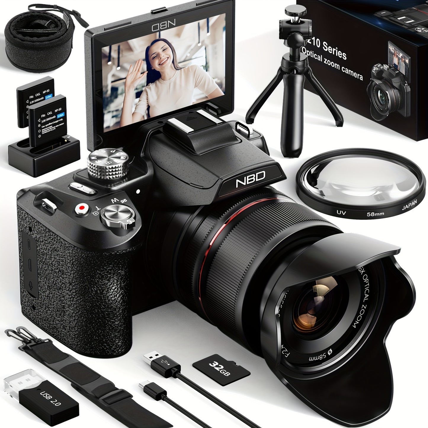 NBD 5K&64MP Digital Cameras for Photography, 16X Optical Zoom Camera with WiFi & App Control, Vlogging Camera with 180°Flipable 3-inch Screen, 2 Batteries, Camera Strap&32GB Card, Lightweight Camera, Wifi Camera, Camera For