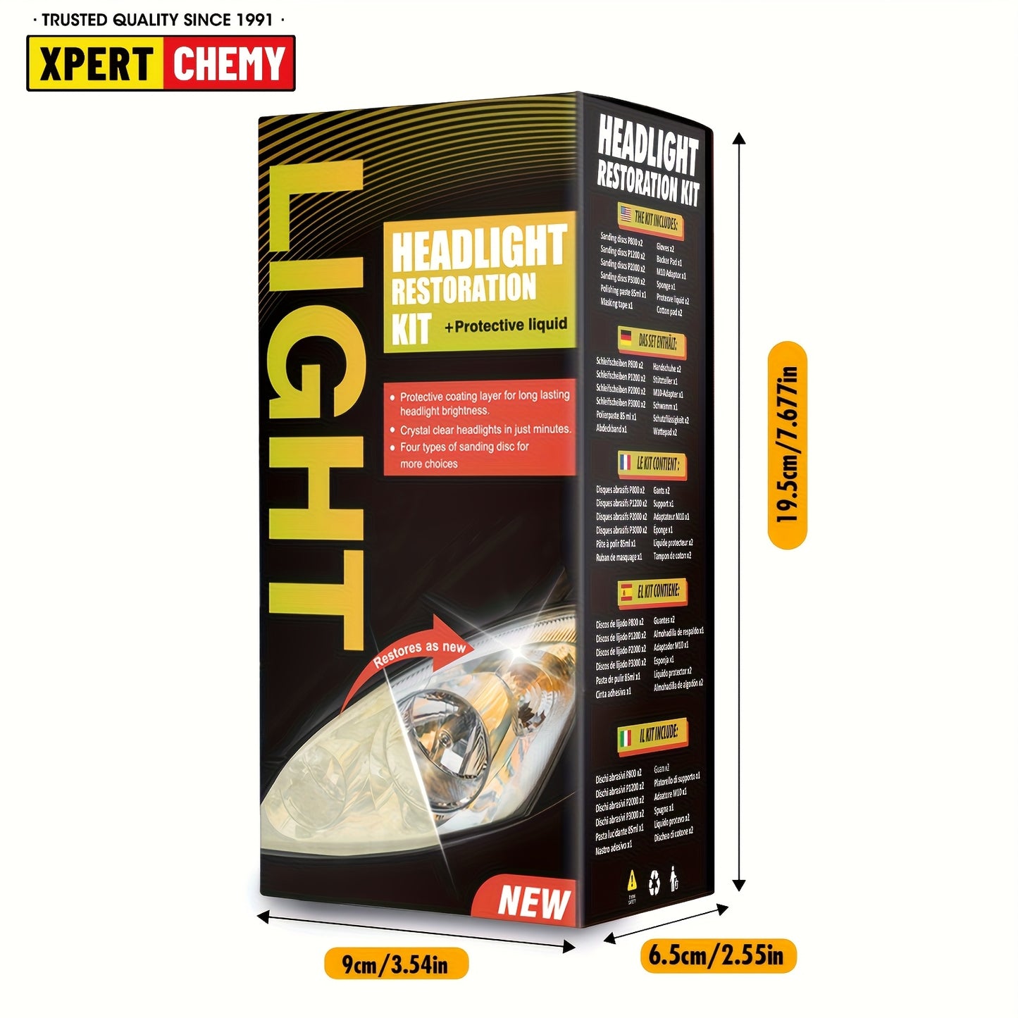 Headlight Restoration Kit, Universal Model, with Sanding Discs, Clear Coat Wipes, Foam Pad & Glove, for Car Headlights, Taillights, Fog Lights, Plastic Lens Restoration and Protection