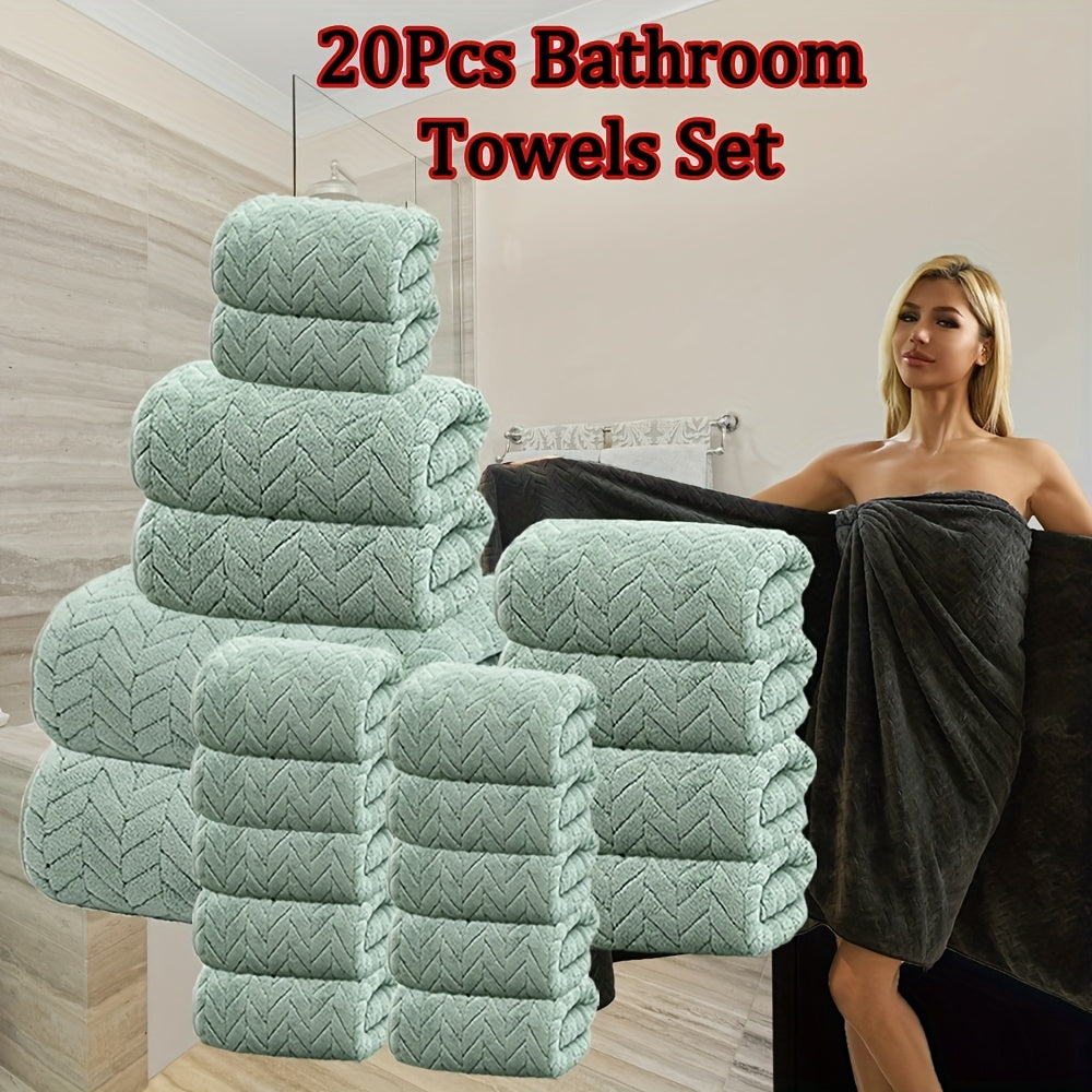 20pcs Bathroom Towel Set, Including 12 Wash Towels + 6 Towels + 2 Large Towels, Made of Microfiber, Multi-Color Available, Soft And Comfortable, with Lanyard Design, Suitable for Bathroom And Hotel, For Body, Face Towel, Bath