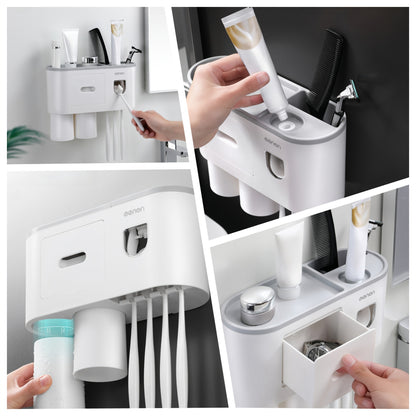 No Drill Adhesive Wall-Mounted Modern White Bathroom Organizer Set with 2-in-1 Magnetic Toothpaste Dispenser & Multi-Tier Storage Shelf - Space-Saving Over Sink Organizer with Suction Cup Hooks, Durable Plastic Construction f