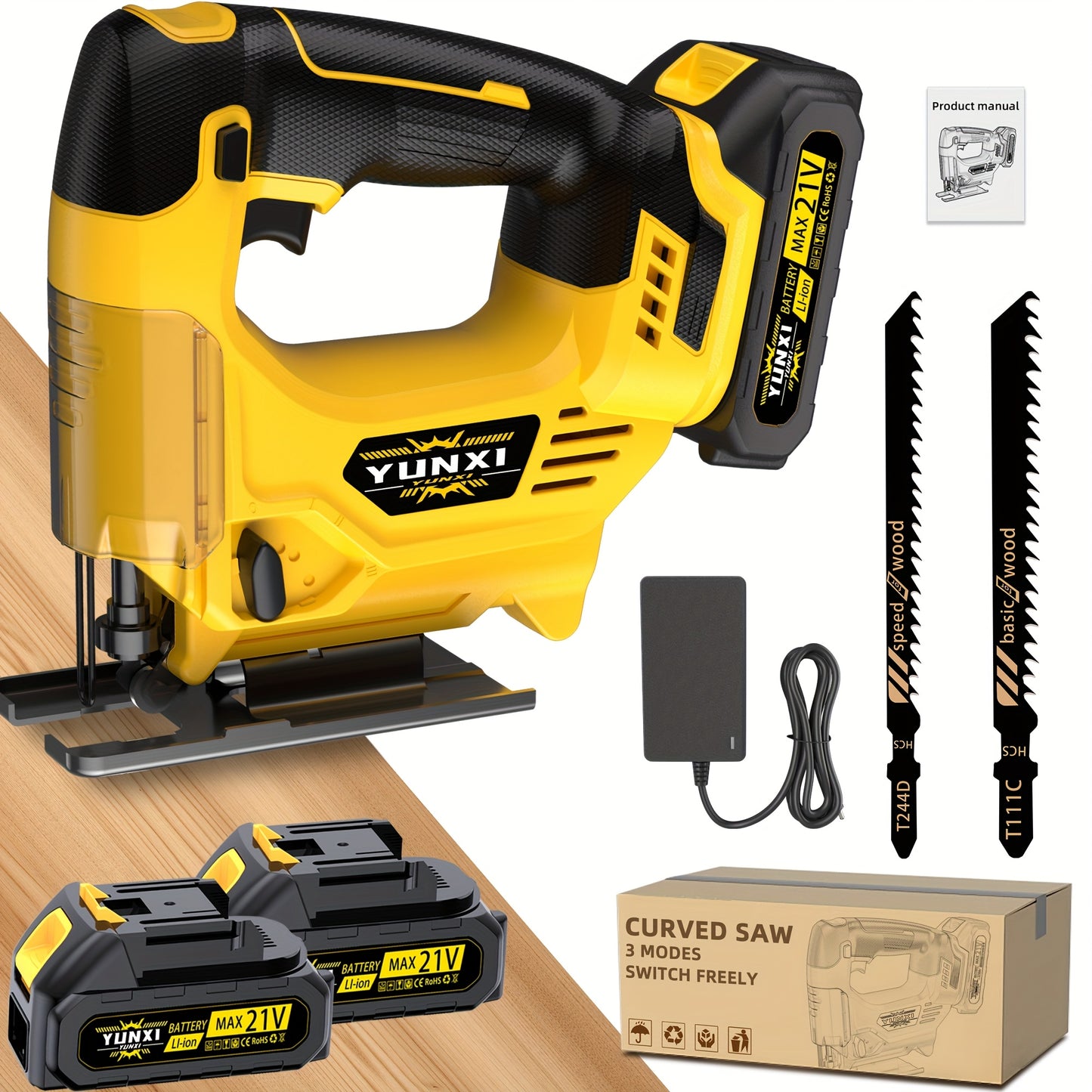 Charging Wireless Curve Saw, Electric Curve Saw, with 2 Batteries And Charger, Maximum Cutting Depth for Wood And Metal, Variable Speed, 45 Degree Oblique Cut, 3000 Revolutions Per Minute, Used for Cutting Wood, Metal And Pla