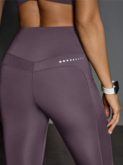 Women's High-Waisted Yoga Leggings with Side Pocket - Full-Length 7/8 Tummy Control Workout Pants, Mauve (Purple-Brown) Solid Color, Breathable Gym Pants for Pilates, & All-Season Wear, Non-Sheer Fitness Bottoms