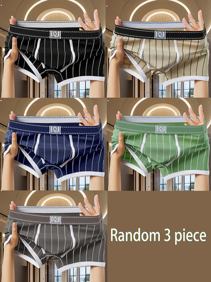 3pcs Men'S Boxer Briefs - Soft, Breathable, Stretchy Striped Boxer Shorts in Black, White, and Green - Comfortable Casual Underwear for Teens and Adults, Comfortable Underwear | Trendy Boxer Briefs | Medium Elasticity