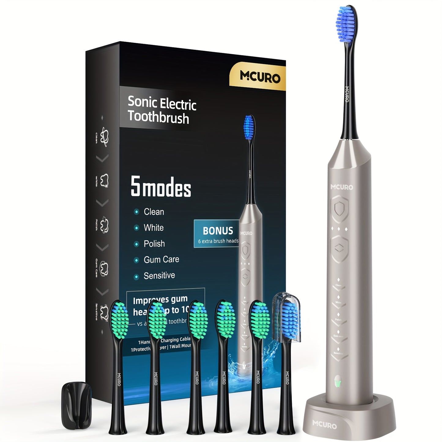 Escova de dentes elétrica sónica recarregável, limpeza profunda com 5 modos, 6 cabeças de escova de substituição, equipada com base de carregamento USB, portátil, ideal para viagens, dormitórios, presente, preta, rosa, azul.