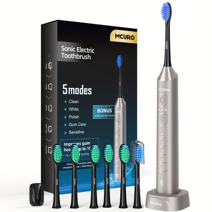 Escova de dentes elétrica sónica recarregável, limpeza profunda com 5 modos, 6 cabeças de escova de substituição, equipada com base de carregamento USB, portátil, ideal para viagens, dormitórios, presente, preta, rosa, azul.