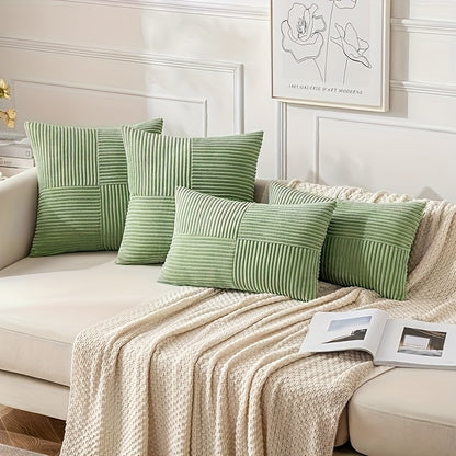 Conjunto de 4 almofadas sortidas (2 quadradas + 2 retangulares) com enchimento, superfície lisa, almofadas às riscas em bombazine resistentes ao desgaste, ideais para decorar sofás, quartos, salas e varandas.