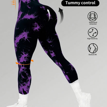 Sport Studio Women's High-Waisted Seamless Athletic Leggings - Tummy Control Butt-Lifting Workout Pants with Purple Splash Print, 4-Way Stretch Gym Running Yoga Pants, Machine Washable Non-See-Through Full Coverage Sportswear