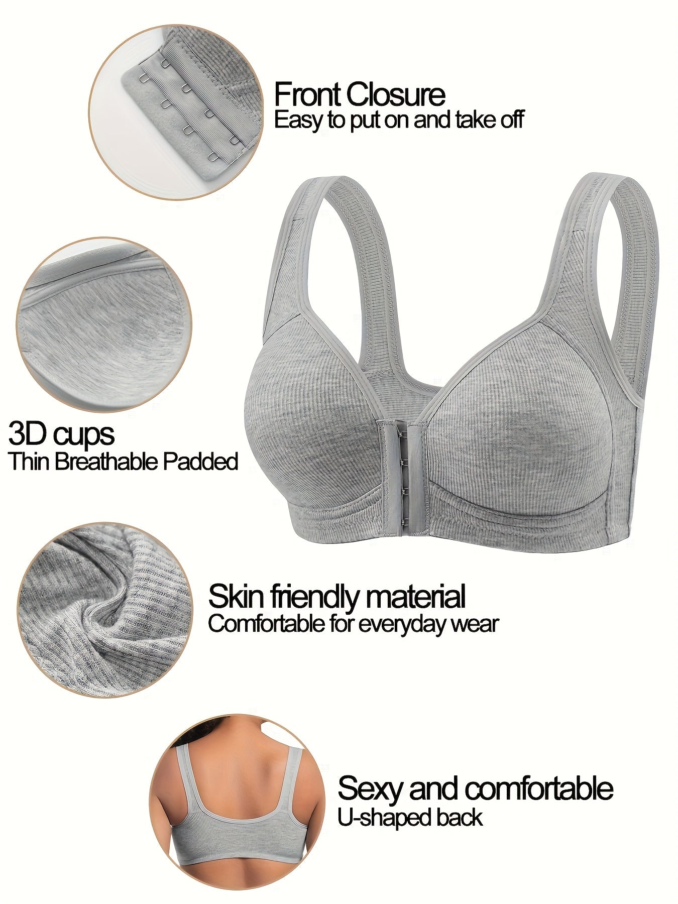 5pcs Set, Front Closure Vertical Stripe Push-Up Wireless Bra, Seamless Bra, Strapless Bras for Women Full Support, White Sports Bras for Women, Bras for Women Front Closure, Sports Bras for Women Quick Dry, Activewear Essenti