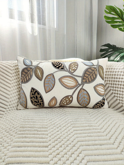 1pc Leaf Embroidered Decorative Throw Pillow Case, Canvas Cushion Cover For Living Room, Home Decor