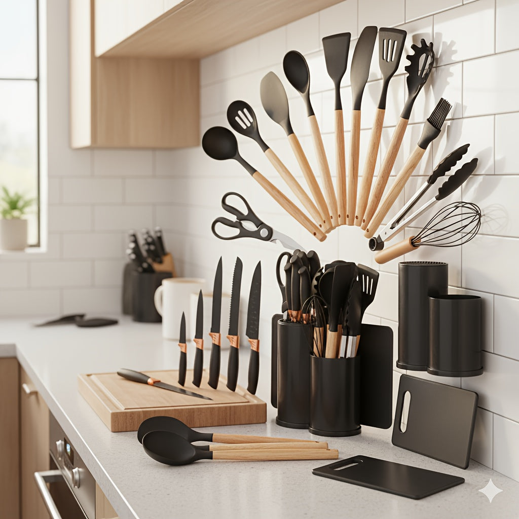 19pcs Black Silicone Kitchen Set, Non-Slip, Heat-Resistant, Durable & Easy-Clean Tools for Cooking, Baking, And Food Preparation, Perfect for Professional And Home Kitchens, Safe for Non-Stick Cookware, Long-Lasting And Pract