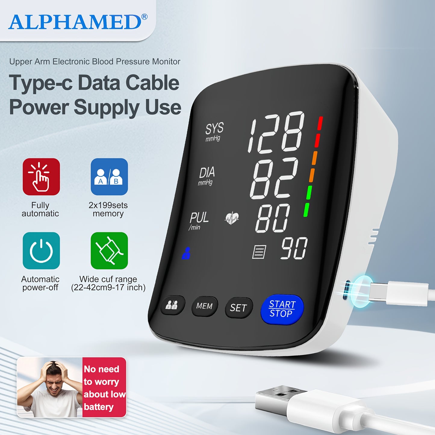 NEW LED High-End Curved Screen Home Precision Sphygmomanometer, 2x199 Memory with 22.1-43.18 cm Blood Pressure CuffAutomatic Upper Arm Cuff Digital Sphygmomanometer with C-Cable for Gifts, Family, Parents, and Friends