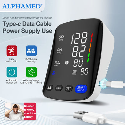 NEW LED High-End Curved Screen Home Precision Sphygmomanometer, 2x199 Memory with 22.1-43.18 cm Blood Pressure CuffAutomatic Upper Arm Cuff Digital Sphygmomanometer with C-Cable for Gifts, Family, Parents, and Friends