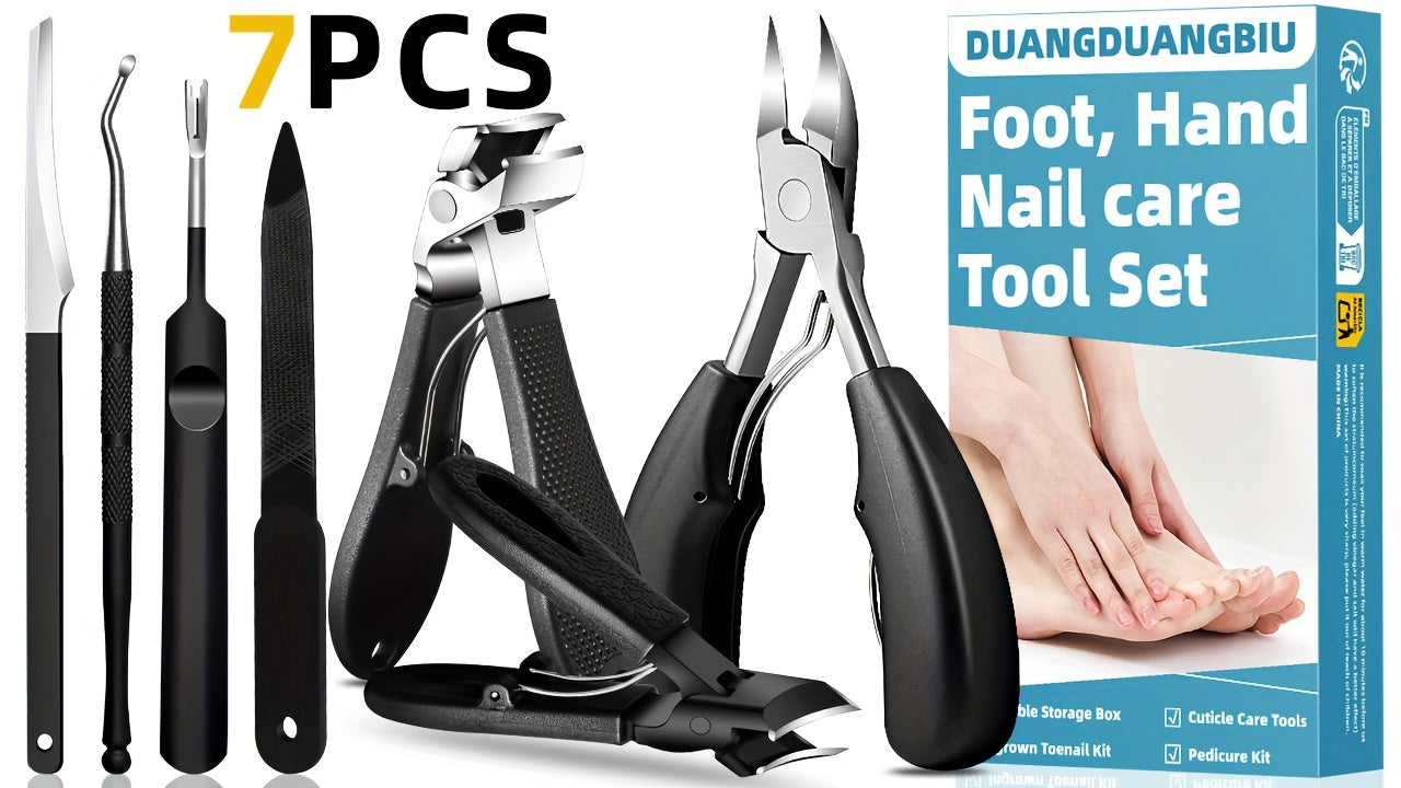 7pcs Stainless Steel Nail Care Kit for Ingrown & Thick Toenails - Heavy-Duty Clippers Set with Nail File, Cuticle Nippers, And Grooming Tools - Classic Black Handles for Men, Women, Seniors, Halloween Gift, DUANGDUANGBIU