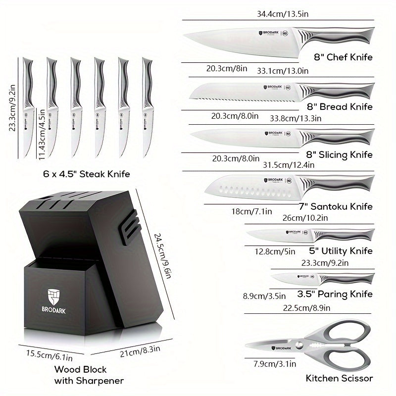 Brodark Kitchen Knife Set With Block, 15pcs Knife Block Set With Built-in Sharpener, Stainless Steel Knives Set For Kitchen, NSF Certified Kitchen Knives, Shark Series