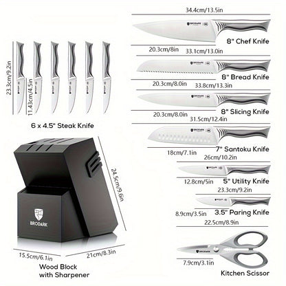 Brodark Kitchen Knife Set With Block, 15pcs Knife Block Set With Built-in Sharpener, Stainless Steel Knives Set For Kitchen, NSF Certified Kitchen Knives, Shark Series