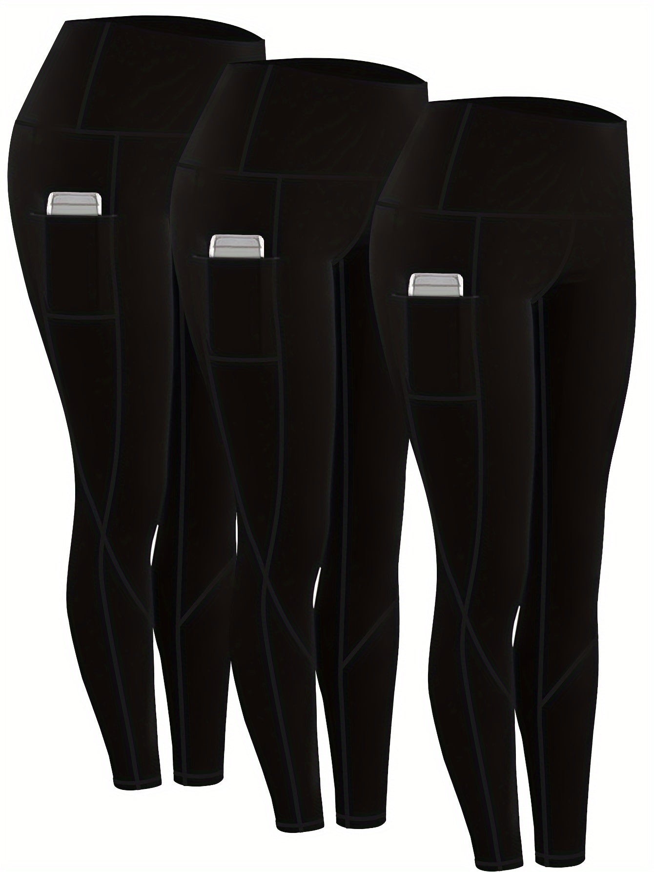 3pcs Set Women'S Plus Size Daily Sports Yoga Leggings, Geometric Pattern, High Stretch Spandex, Breathable, with Two Side Pockets, for Running, Workout