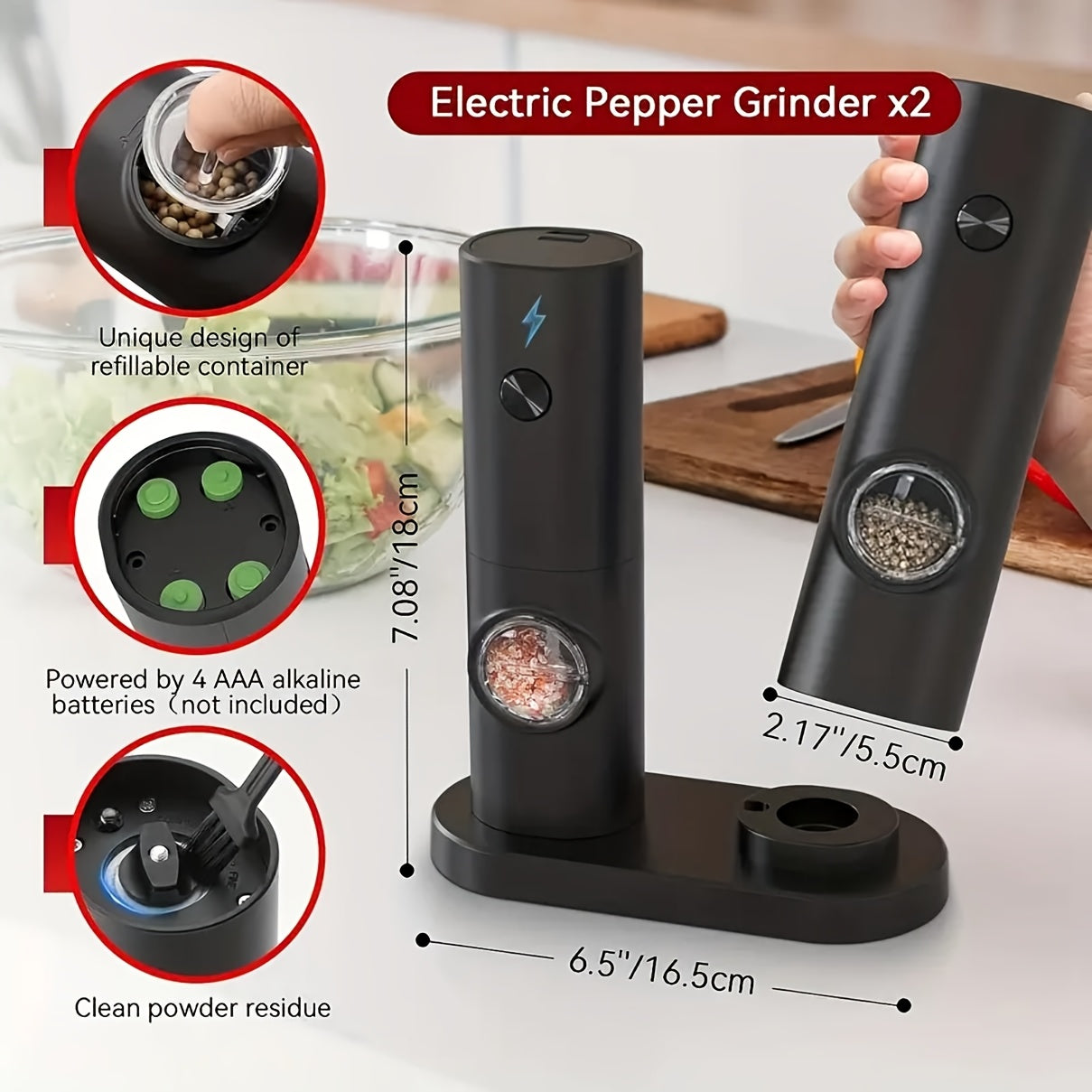 2pcs Electric Salt and Pepper Grinder Set with Adjustable Coarseness/Fineness, One-Touch Operation, (/Battery), Compact Base & Portable with ABS Housing & Black/White Design, Ideal Gift