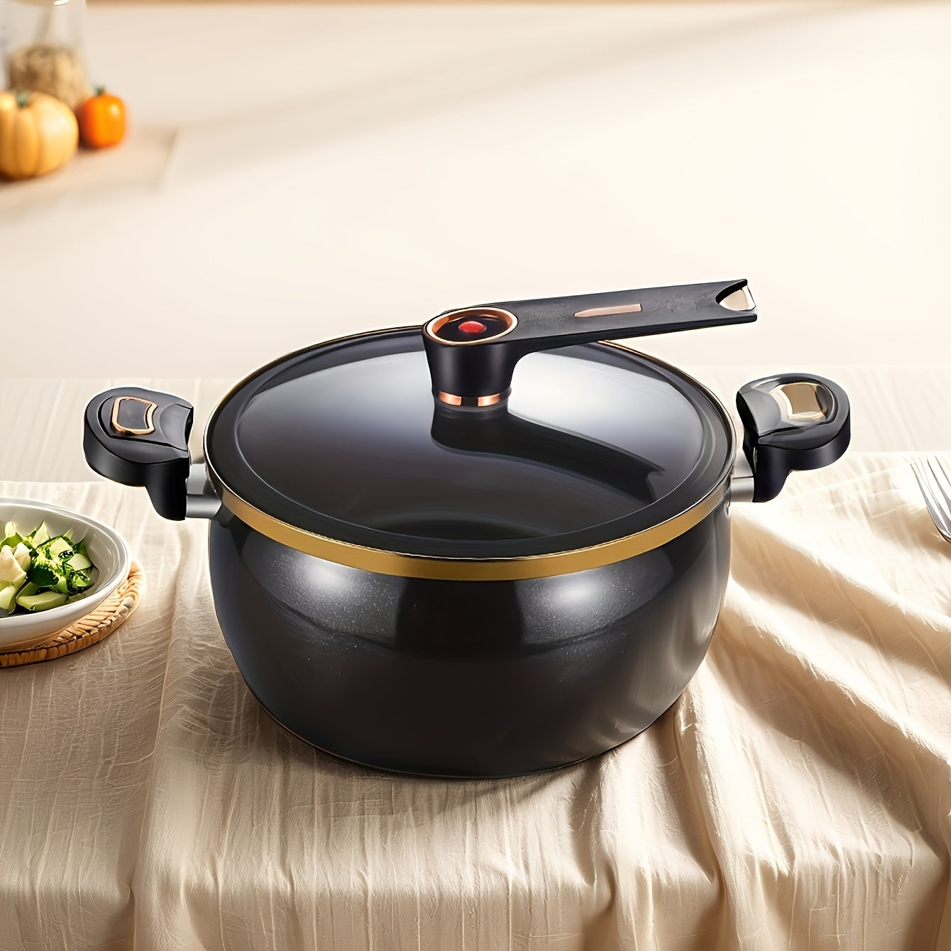 8L Large Cast Iron Stew Pot with Lock Lid - Multifunctional Soup Pot, Suitable for Fast Boiling, Compatible with Gas Stoves, Black Golden Rim | Stylish Black Cookware | Glass Lid Design, Home Gift