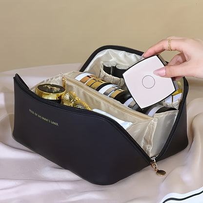 1pc Fashionable Artificial Leather Makeup Bag, Portable Travel Cosmetic Organizer with Handle, Large Capacity Toiletry Storage Pouch, Ideal for Christmas, Halloween, Thanksgiving Gift - No Fragrance