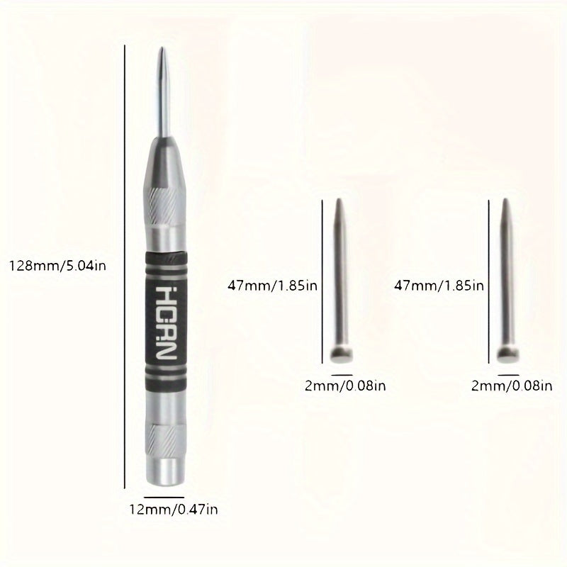 KeraForm Automatic Center Punch with 2 Extra Tips - 5-Inch Heavy Duty Steel Spring Loaded Punching Tool, Adjustable Tension, Rust Resistant, Polished Finish, Round Head for Metal, Wood, Glass - Iron Material