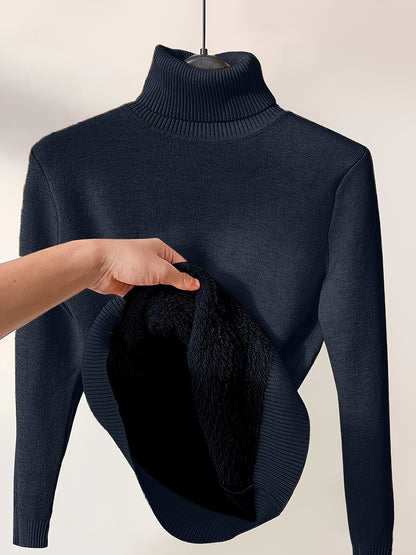 Solid Turtle Neck Pullover Sweater, Casual Long Sleeve Thermal Sweater For Fall & Winter, Women's Clothing
