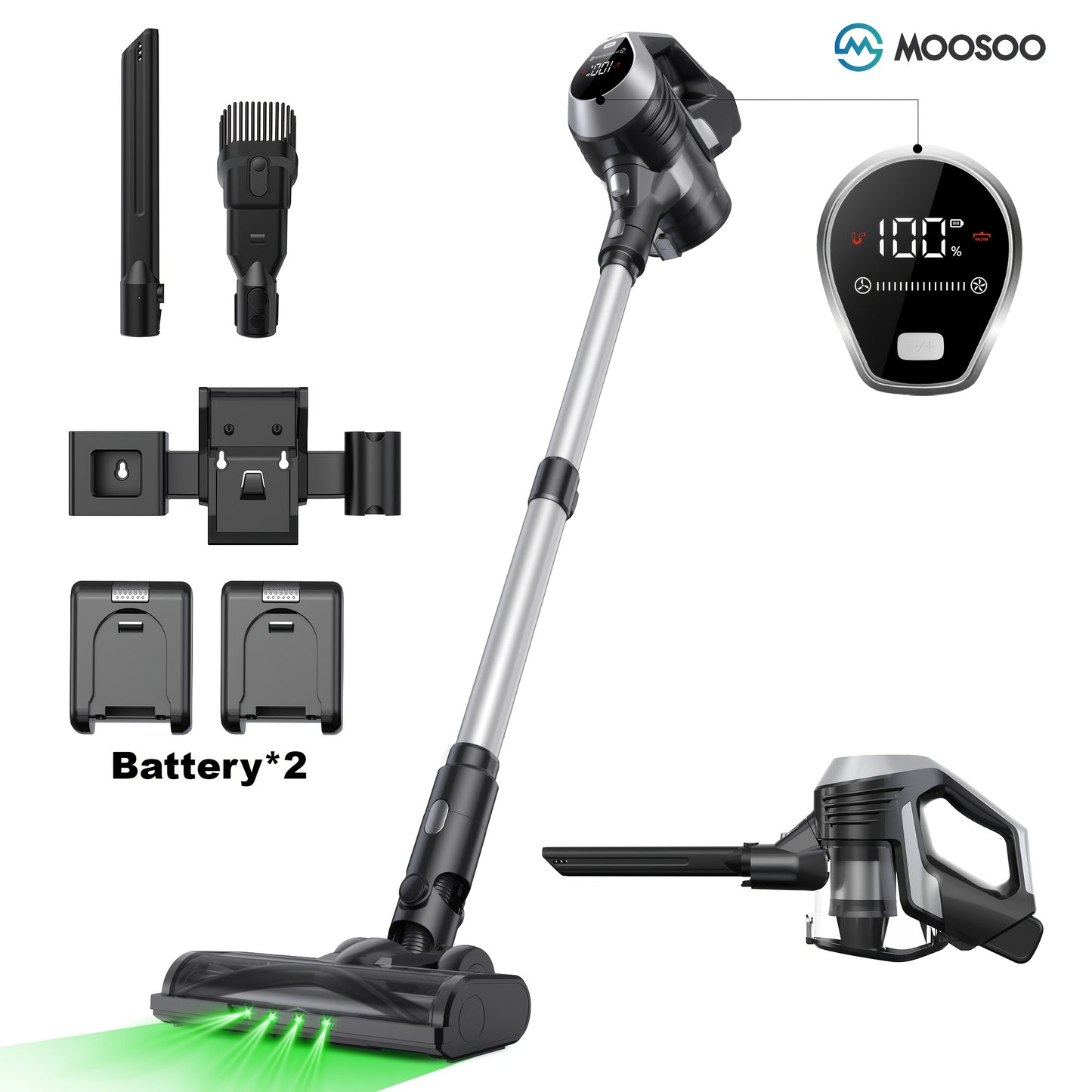 MOOSOO YC1 Pro Cordless Vacuum with LED Display, 2 Batteries, 6In 1 Lightweight Stick Design, High Suction for Carpet, Hard Floor & Pet Hair, Ergonomic Handle, Durable Construction, Cordless Vacuum Cleaner, Home Cleaning Aid,