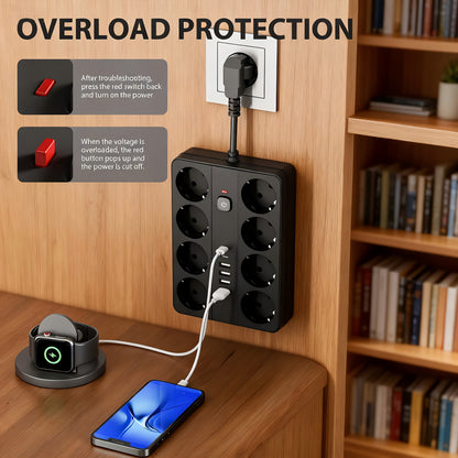 1pc 14-in-1 Surge Protector Power Strip with USB Chargers, 4 USB-A Ports & 2 USB-C Ports, 8 AC Outlets, Compact Desktop Charger Wall Mount, European Standard Plug, 220-240V, Ideal for Office, School, and Dormitory Use, Office