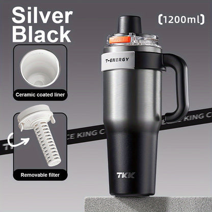 800ml/1200ml Large Capacity Ceramic Coating Liner Stainless Steel Cup Vacuum Keep Warm Cold Mug Cup with Straw Lid Handle for Coffee Coke Carbonated Beverages Ice Leakproof for School Office Outdoor Yoga sports, Travel Coffee