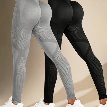 Two Solid Color High-Elasticity Fitness Yoga Leggings - Abdominal Control, Pleated, Elastic Waistband, Long Length, Made of Polyamide And Elastic Materials - Suitable for Women'S Activewear, Exercise, And All Seasons.