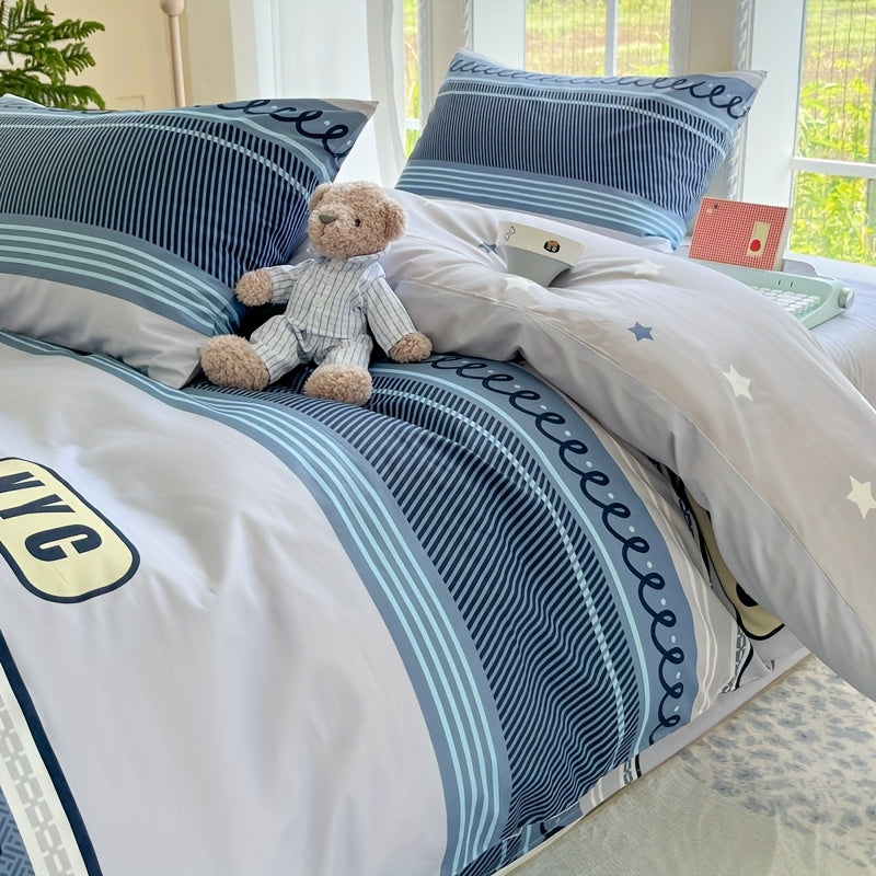 Four Seasons Beige-Friendly Printed Brooklyn Pattern Flannel Set, 4pcs 100% Cotton, 1 Duvet Cover + 2 Pillowcases + 1 Fitted Sheet, Soft and Delicate, Breathable and Sweat-Wicking, Simple and Elegant, Machine Washable,  Beddi