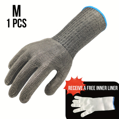 1pc Long Cuff Stainless Steel Wire Mesh Cut-Resistant Glove with White Nylon Liner - Cut Level 9 Protection, Machine Washable, Ideal for Butchering, Glass Handling, and Industrial Work