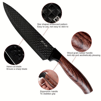 Conjunto de 7 facas de chef com bloco de facas em PE - Lâminas robustas em aço inoxidável 304, extra afiadas, pega ergonómica antiderrapante, facas de cozinha profissionais (chef, descascar, fatiar, pão, multiusos, tipo tesoura) - Kit de corte completo