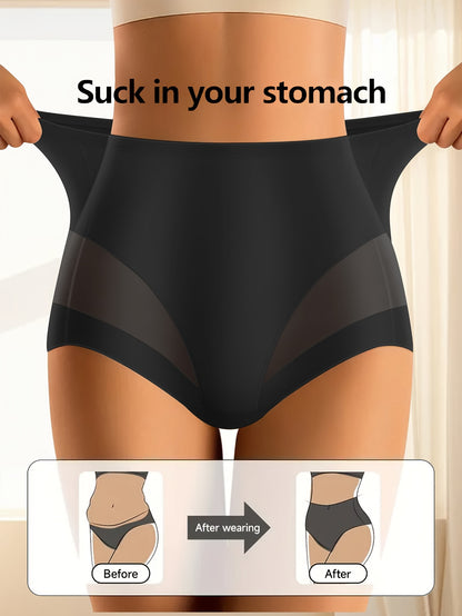 4pcs QUASTI Women's High Waist Mesh Panties - Breathable, Non-Marking, Tummy Control & Hip Lifting, Nylon Spandex Blend, Elegant French Romantic Design for Daily Wear, Black & Beige