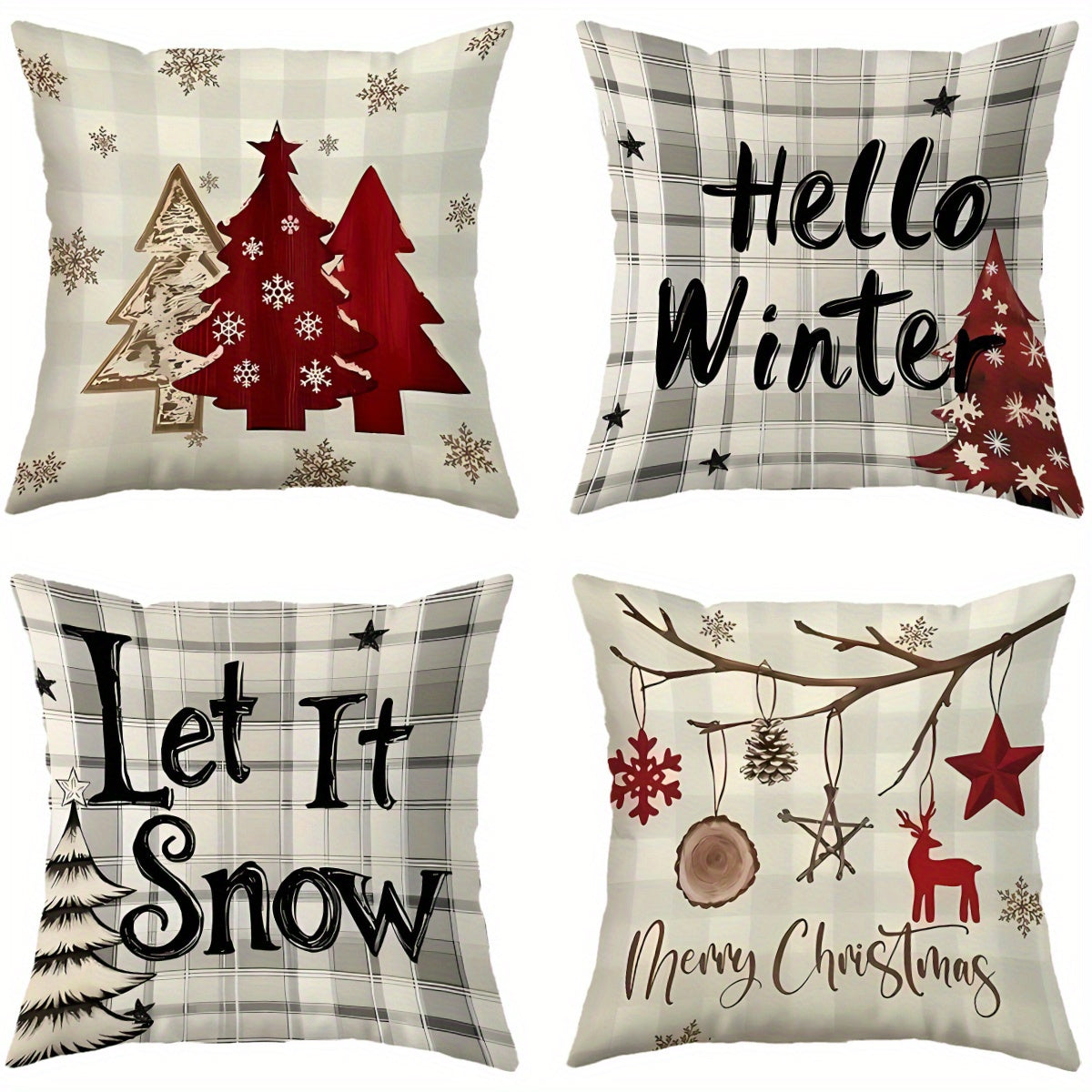 4pcs Christmas Themed Pillow Covers with Winter Elements like Christmas Trees, Snowflakes, and Reindeer - Festive Holiday Decorative Cushion Covers for Home, Car, Bed, Sofa, Office - Zipper Closure, Machine Washable, Polyeste