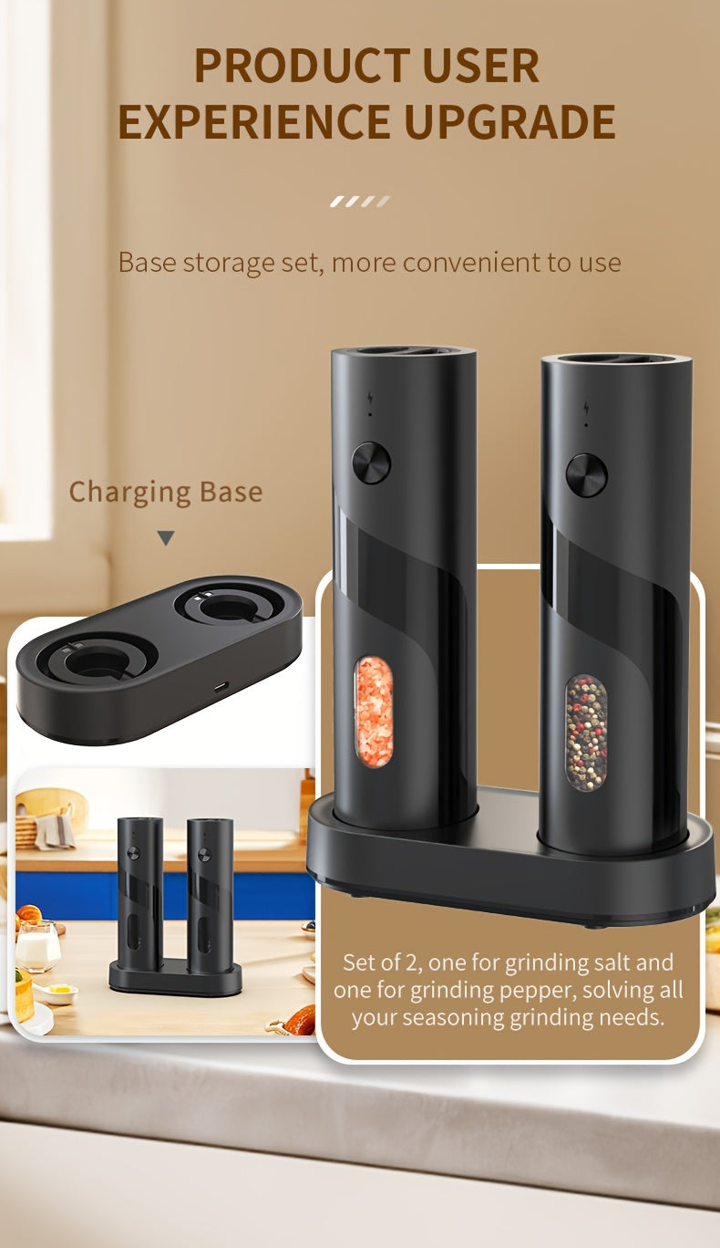 Two-piece portable electric pepper and salt grinder set, with base, USB charging, one-handed operation, adjustable coarseness, 300mAh battery capacity, interchangeable design, essential kitchen helper for cooking, perfect too