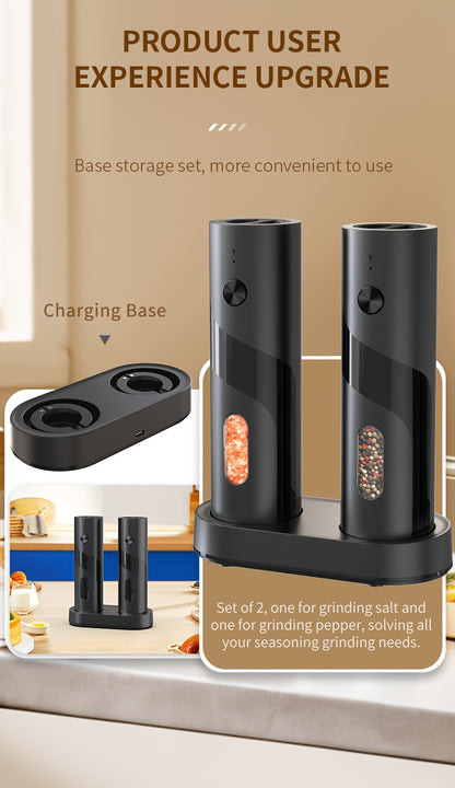 Two-piece portable electric pepper and salt grinder set, with base, USB charging, one-handed operation, adjustable coarseness, 300mAh battery capacity, interchangeable design, essential kitchen helper for cooking, perfect too