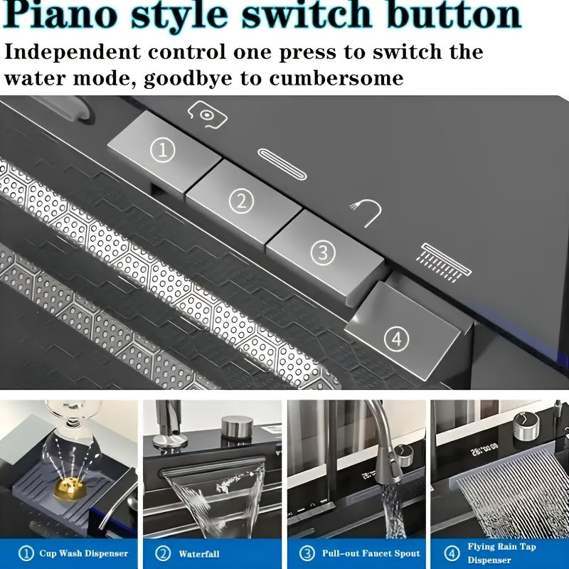 A Single-bowl Design Named 'Whale Rainfall Kitchen Sink' For Halloween And Christmas, Crafted From 304 Nanometre Stainless Steel. Features A Digital Display And Embossed Texture, Complete With Tap. Drainage Outlet Positioned