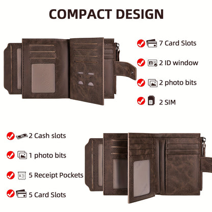 BANYANU Vintage Genuine Leather Wallet for Men - RFID Blocking, 17 Card Slots, Zippered Coin Pocket & Independent Card Holder, Brown, Perfect Father'S Day Gift, Secure Card Storage | Vintage Wallet | Durable Zipper Closure, B