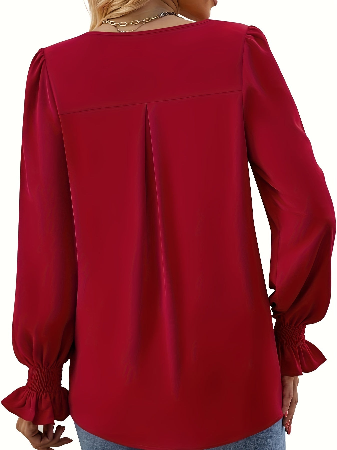 Solid V Neck Simple Blouse, Elegant Long Sleeve Ruched Blouse, Women's Clothing