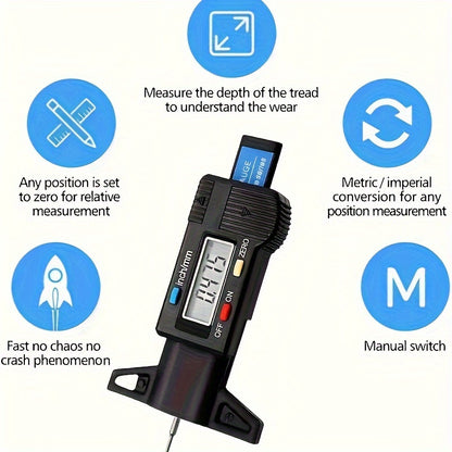 1pc Digital Depth Gauge Caliper Tread Depth Gauge LCD Tire Tread Gauge For Car Tire 0-25mm Measuring Tool Caliper Repair Tools