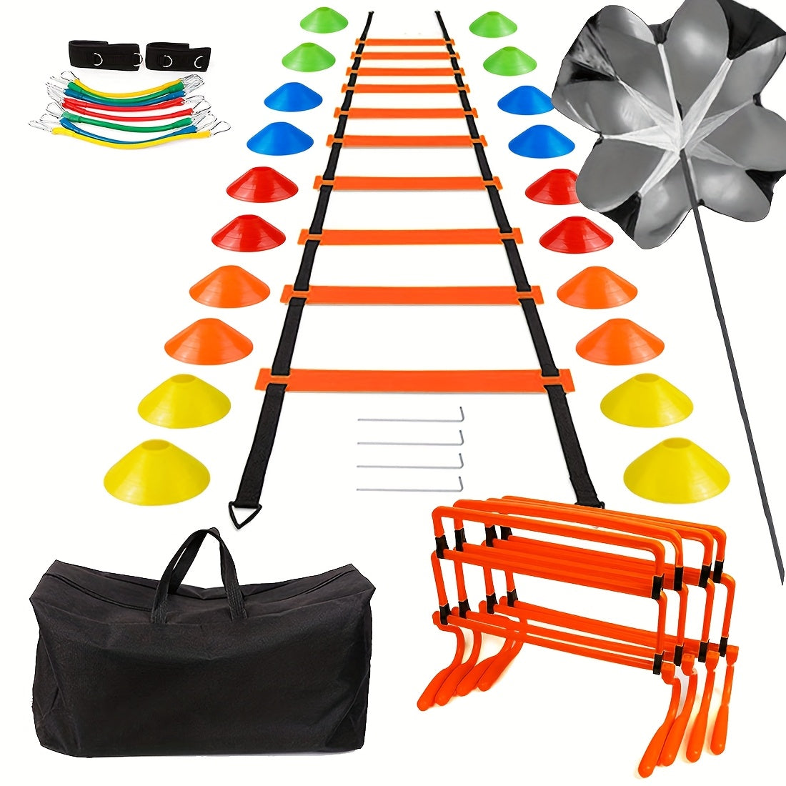 A Set Of Football Training with Agility Ladder, Cones, Adjustable Hurdles, Resistance Parachute, Bands & Large Bag. Perfect for Football, Basketball, Tennis, Baseball, Rugby & More. Ideal Gift for Speed, Agility & Strength Tr