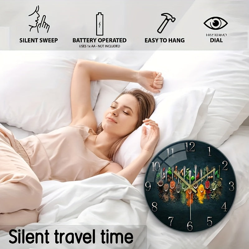 12-Inch Silent Glass Wall Clock with Vibrant Spice Design - Thick Reinforced Glass, Battery-Powered (AA), Modern Kitchen & Bedroom Decor, Perfect Gift for Christmas, Halloween, Birthdays, and More, Kitchen Wall Decor | Vibran