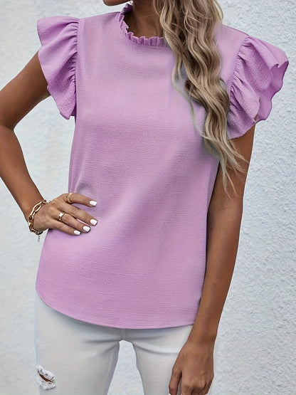 Ruffle Trim Round Neck Blouse, Casual Flutter Sleeve Blouse For Spring & Summer, Women's Clothing Wedding holiday vacation