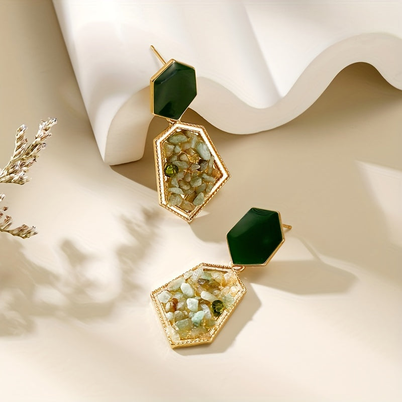 Brincos pendentes hexagonais verde-abacate com decoração de cristais artificiais, estilo retro elegante, em liga de zinco banhada a ouro 18K, joias para banquetes.