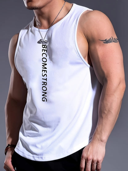 Letter Print Comfy Breathable Tank Top, Men's Casual Stretch Sleeveless T-shirt For Summer Gym Workout Training Basketball