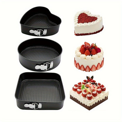 3pcs Christmas Baking Set, Carbon Steel Cake Pans with Detachable Base, Multi-Shaped Heart & Round Polycarbonate Molds, for Creative Cooking & Kitchen Supplies