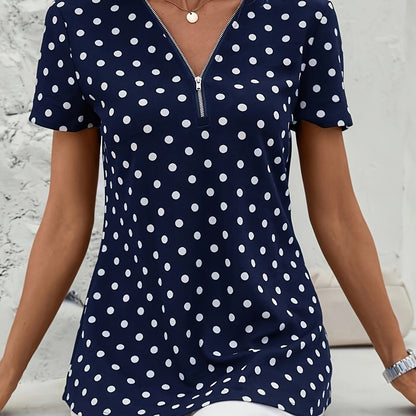 Polka Dots Print V Neck Blouse, Elegant Zipper Front Short Sleeve Blouse For Spring & Summer, Women's Clothing