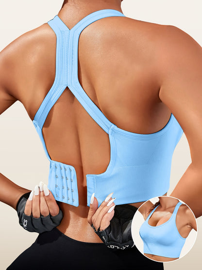Women'S Light Blue Sports Bra with Removable Pads - Breathable, Non-Slip Design for Gym, Yoga, Running - Backless, Strapless Top with Adjustable Straps, Yoga Apparel | Adjustable Strap Design | Comfortable Fit