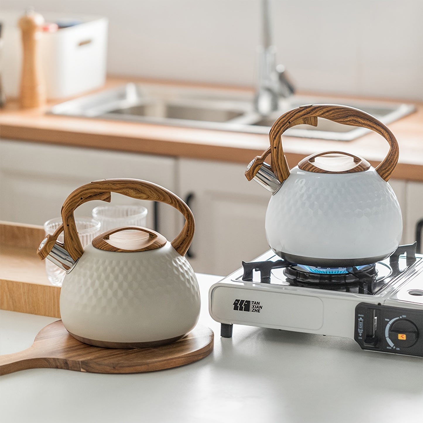 1pc, 3L Stainless Steel Whistling Tea Kettle – Easy To Clean, Compatible With All Stovetops, Whistling Kettle, Stainless Steel Tea Pot With Wooden Pattern Handle, – Lightweight & Durable Stainless Steel Teapot For Outdoor